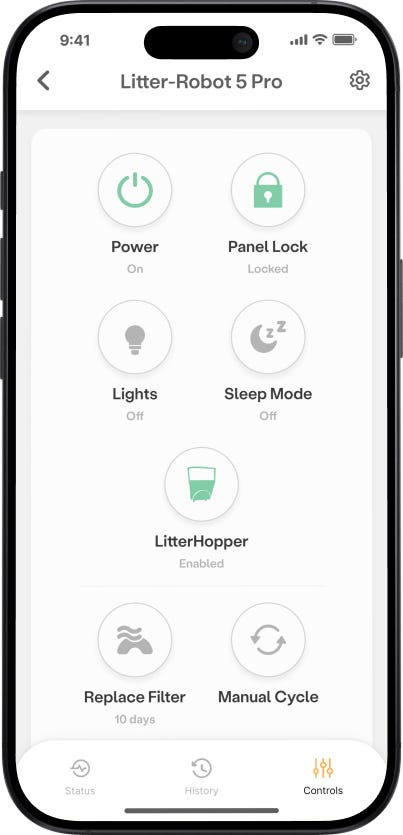 Écran de contrôle du Litter-Robot 5 Pro avec LitterHopper activé