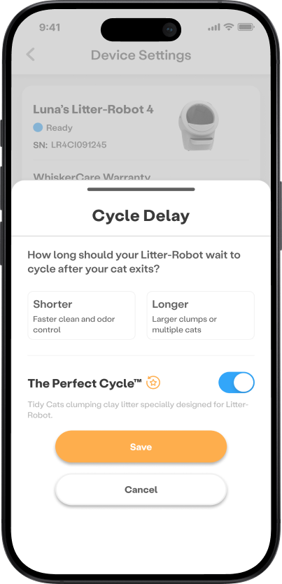 Paramètres de délai de cycle de l'application Whisker Écran de cycle parfait