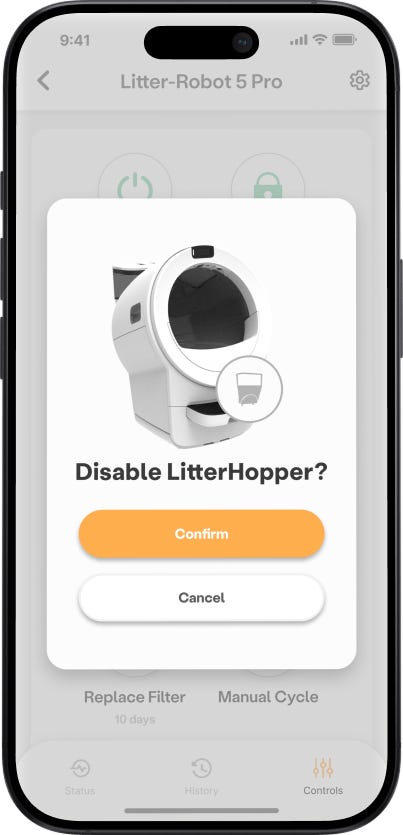 Litter-Robot 5 Pro Controls screen with Disable LitterHopper prompt