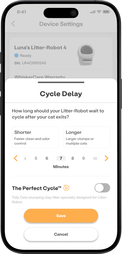 Whisker app Cycle Delay Settings screen