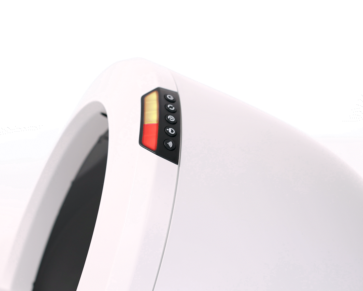 Litter-Robot 4 control panel illuminated with three yellow lights and two flashing red lights