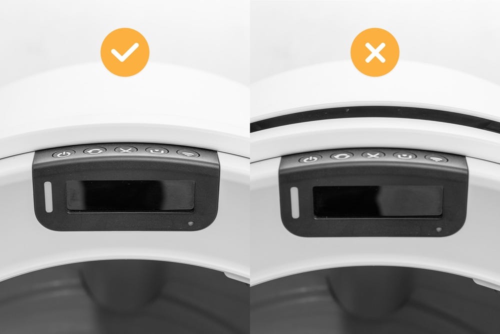 LitterHopper incorrect view with visible gap between bezel and bonnet and correct view with no gap.