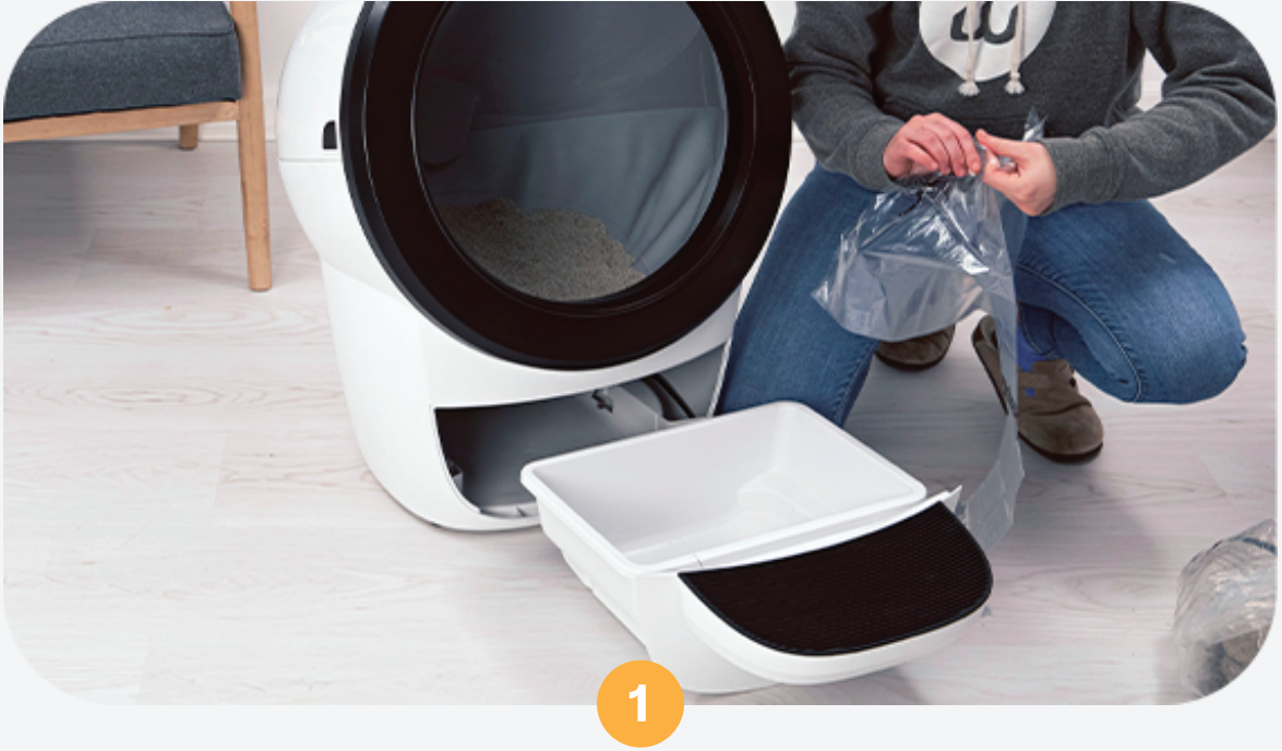 Ajout du sac au Litter-Robot 4 - Ouvrir une nouvelle doublure ou un nouveau sac pour tiroir à déchets