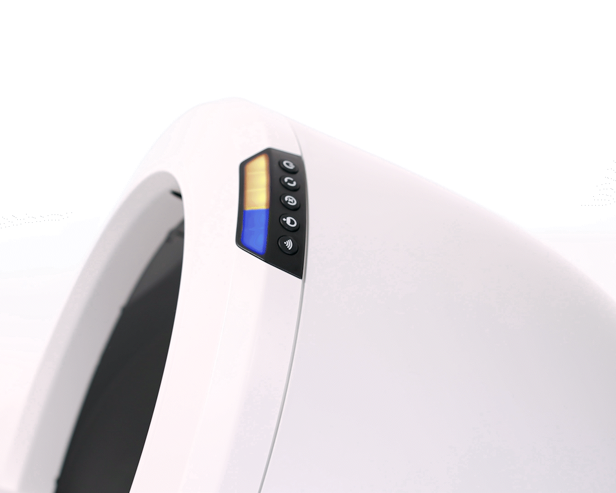 Litter-Robot 4 control panel illuminated with three yellow lights and two flashing blue lights