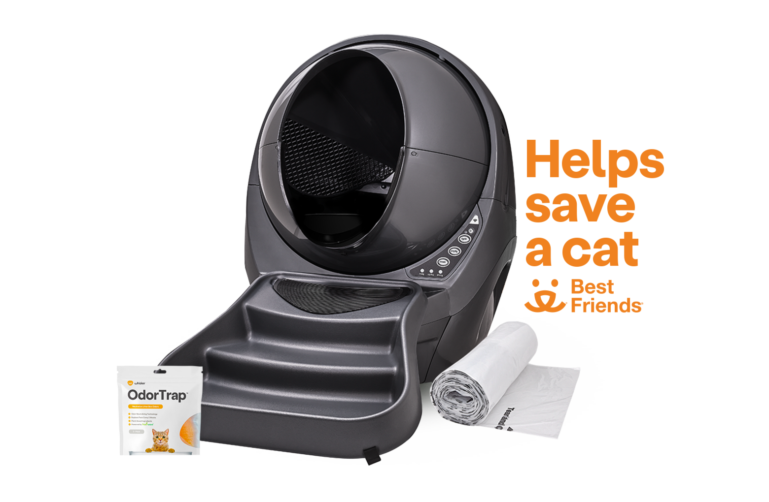 Black Litter-Robot 4 with odor trap packs and waste drawer liners. 