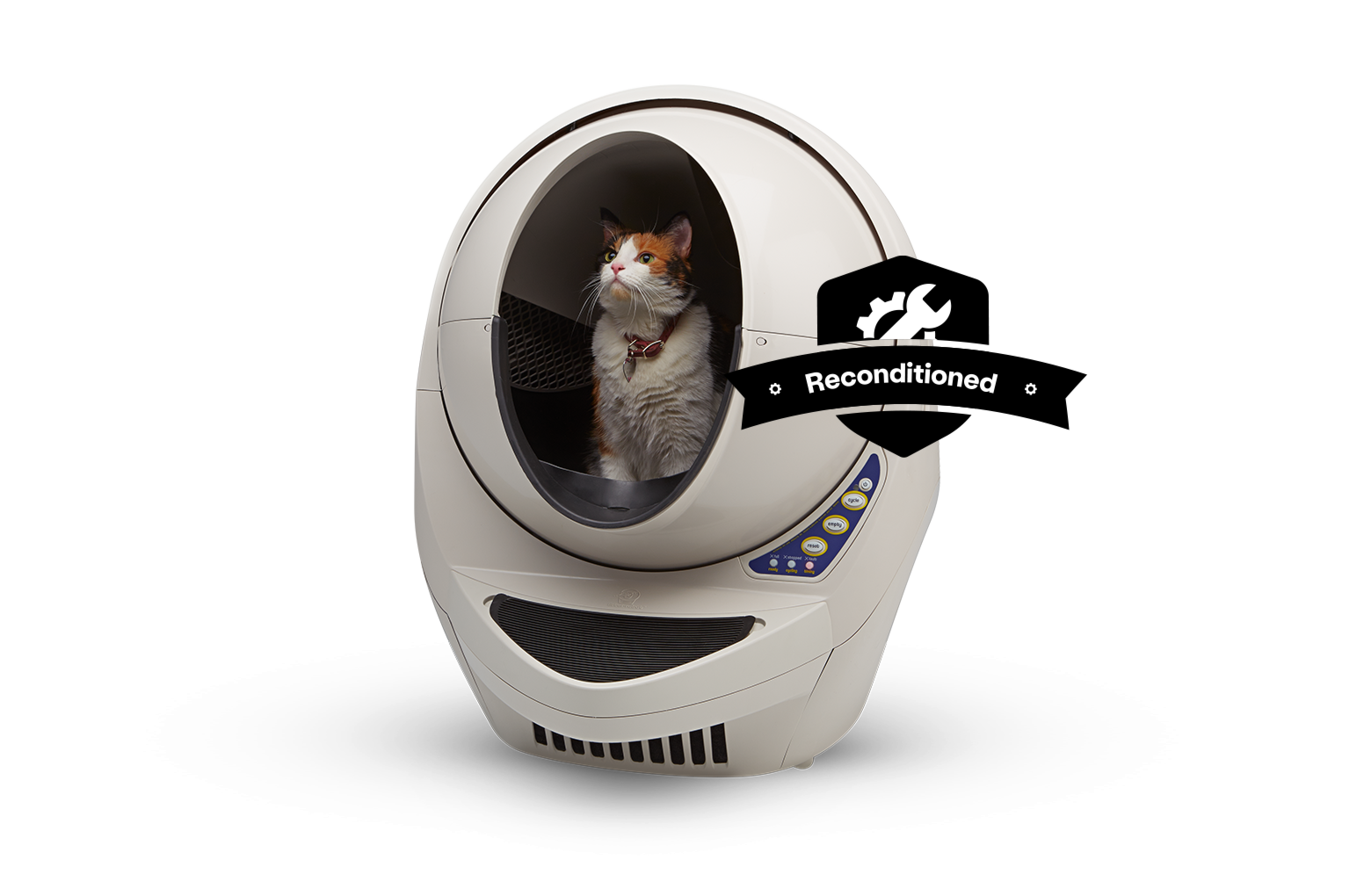 calico cat inside beige Litter-Robot 3 reconditioned