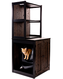 Cabinet and hutch - side view containing gray litter robot with an orange cat exiting the opening