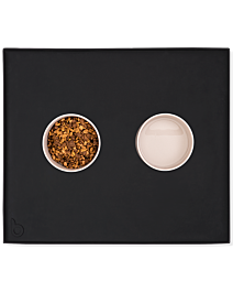 Black pet food mat with two bowls on it