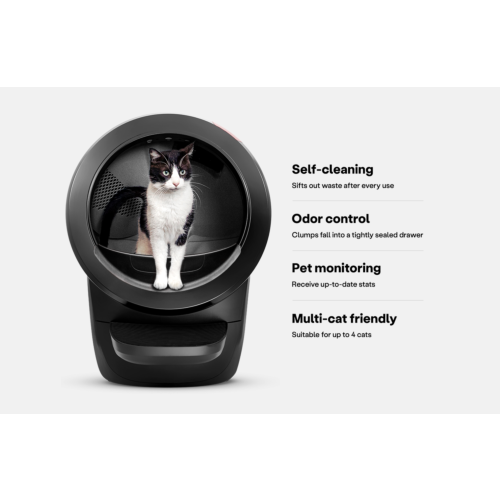 Black Litter-Robot 4 automatic litter box with confidence boosting call outs - Self cleaning, sifts out waste after every use. Odor control, clumps fall into a tightly sealed drawer. Pet monitoring, receive up to date stats. Multi-cat friendly litter box,