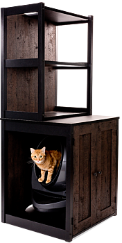 Cabinet and hutch - side view containing gray litter robot with an orange cat exiting the opening
