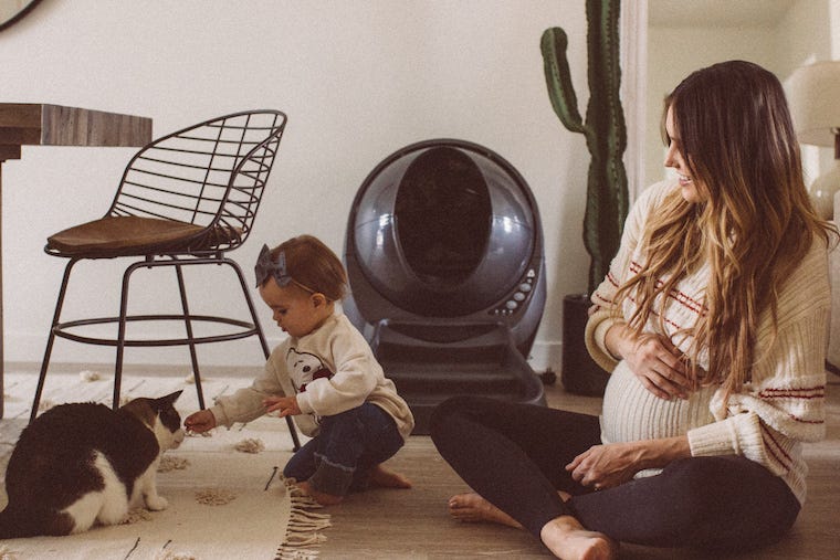 pregnant mom, child, and cat with a Litter-Robot Connect