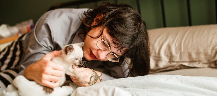 woman playing with kitten on bed