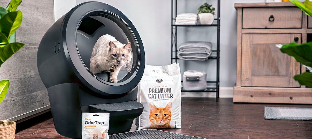 cat in self-cleaning litter box with premium cat litter for Litter-Robot