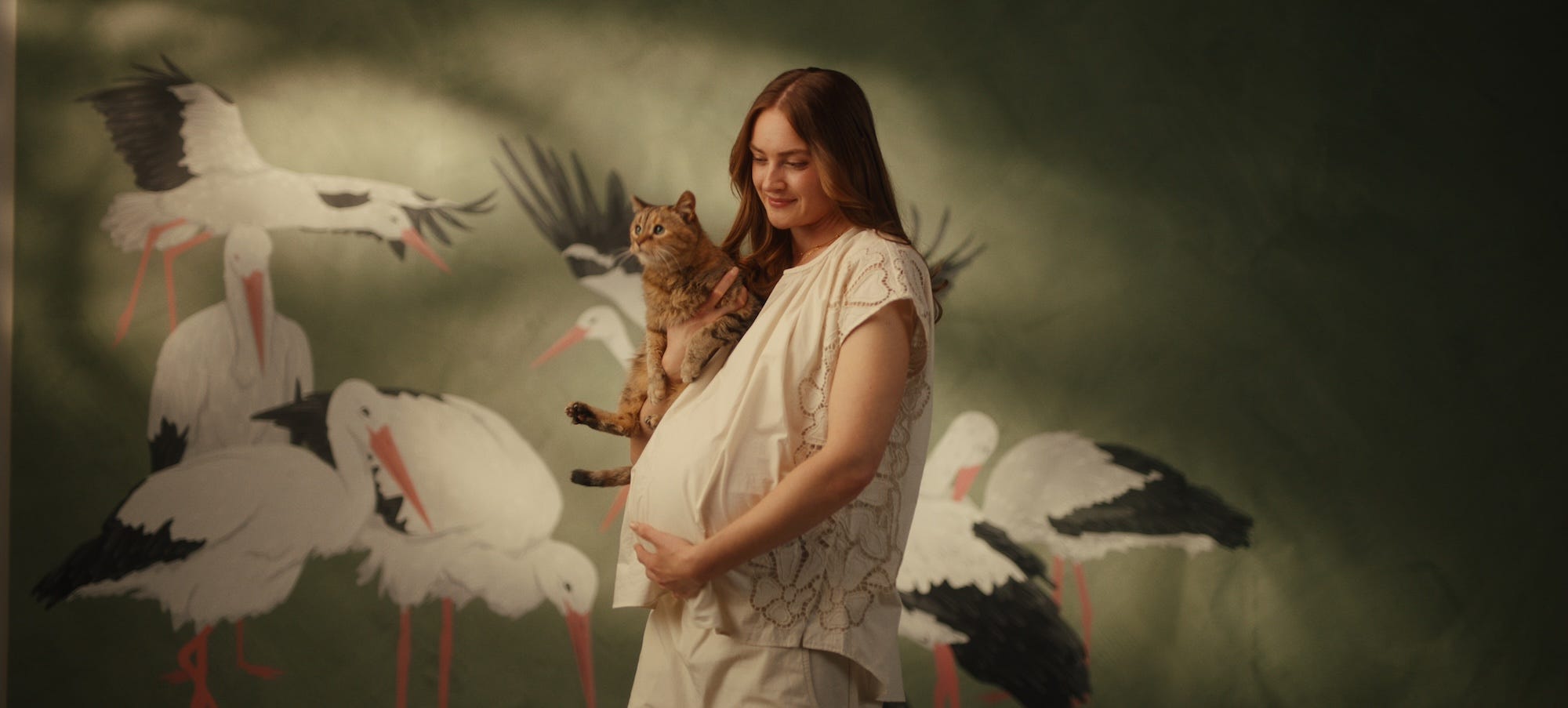 orange cat looking at pregnant woman in nursery