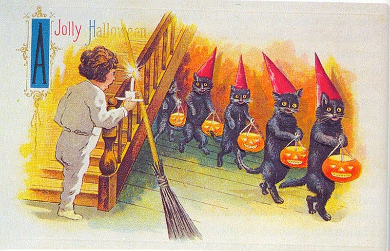 black cats Halloween postcard circa 1900 and circa 1916