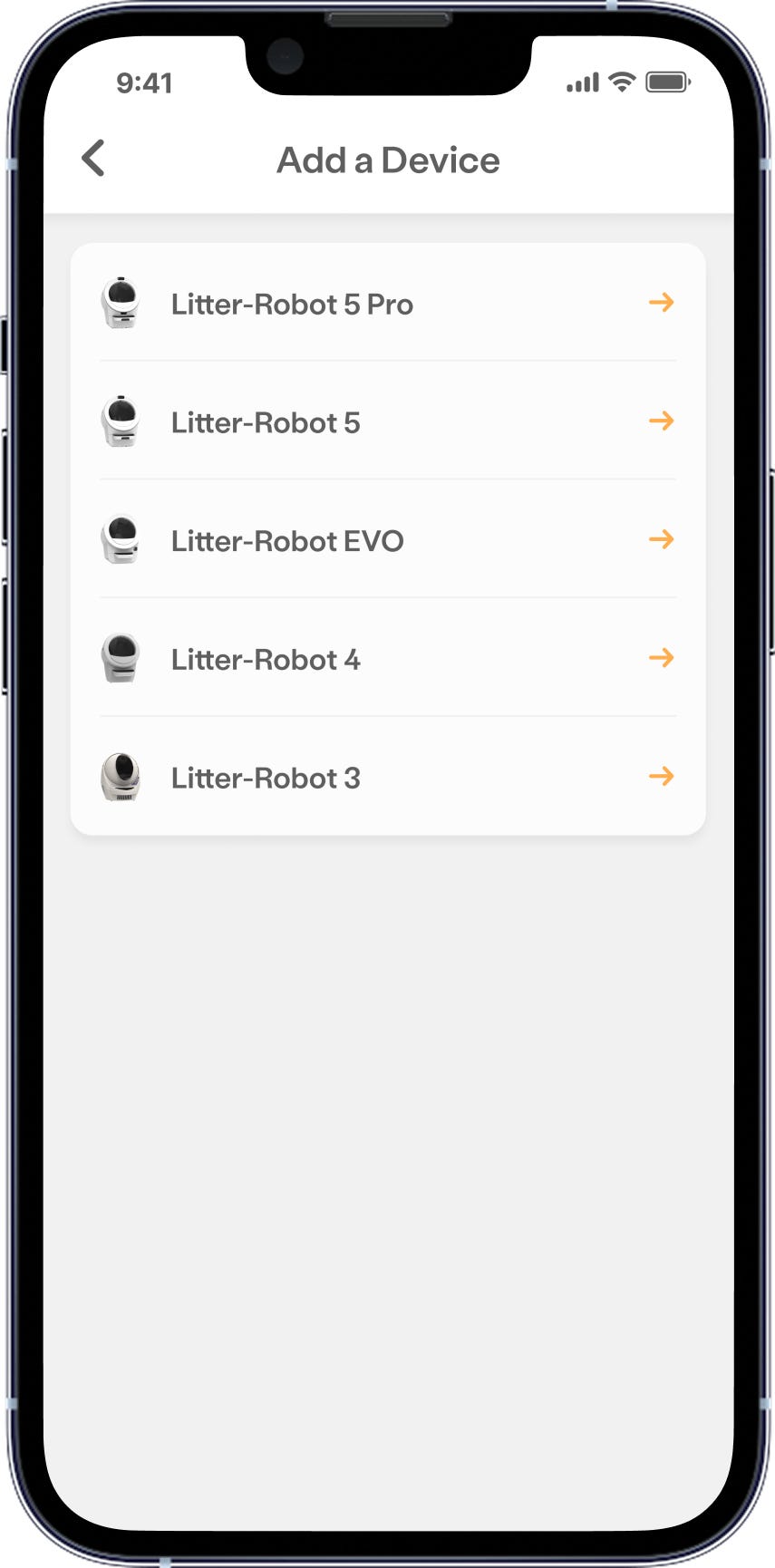 Add a Device screen showing Litter-Robot models: 5 Pro, 5, EVO, 4, and 3.