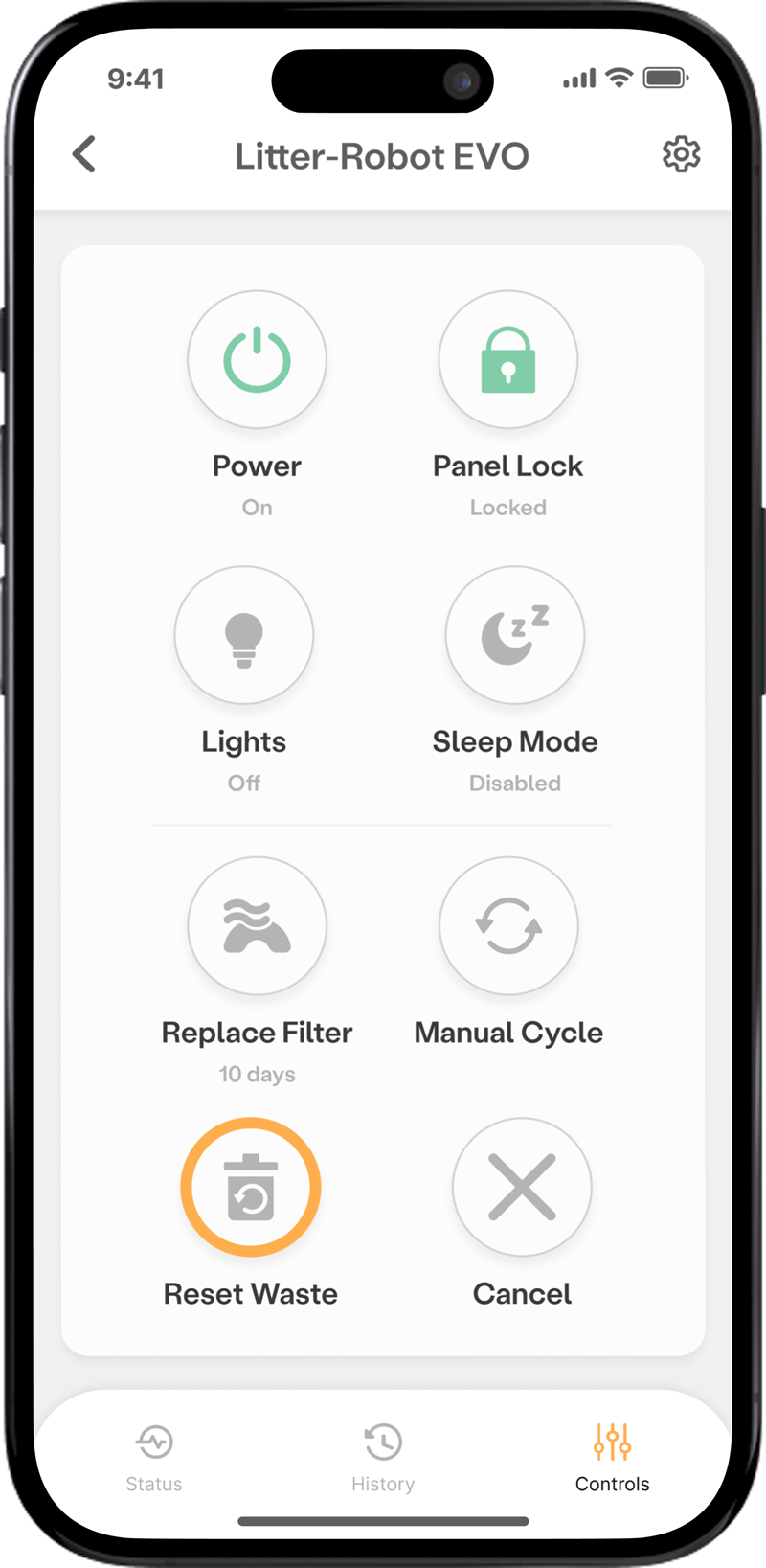 App Controls screen with Reset Waste button circled in orange