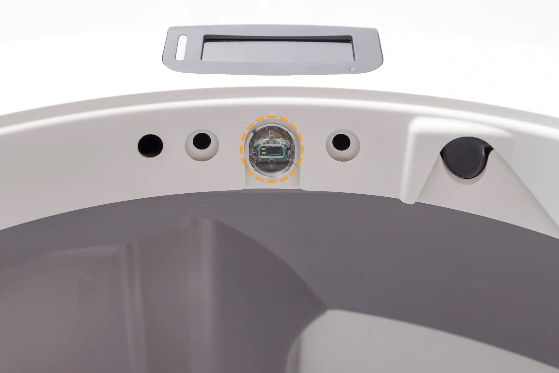 Closeup of sensors in Litter-Robot Bezel with drawer full indicator circled