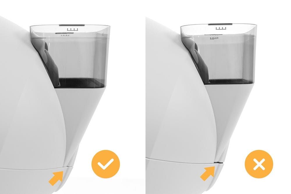 LitterHopper installed on unit with gap between base and LitterHopper to show incorrect installation and without a gap to show correct installation