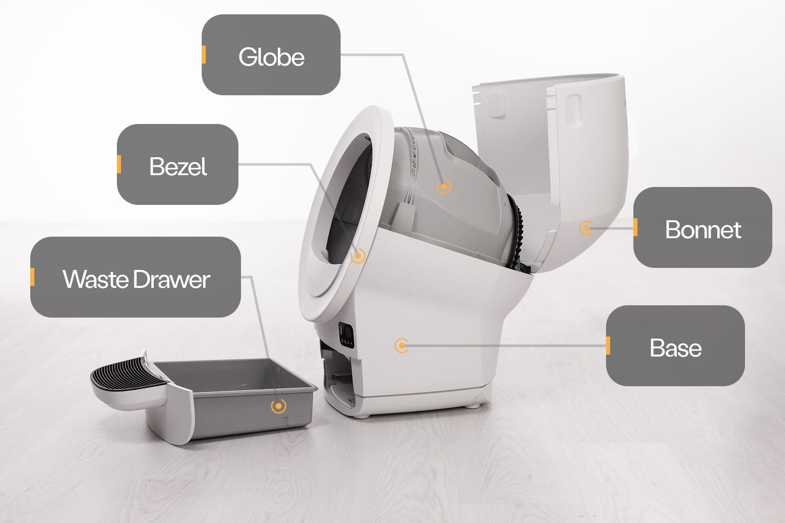 Exploded view of Litter-Robot 5 base, bezel, globe, waste drawer, and bonnet