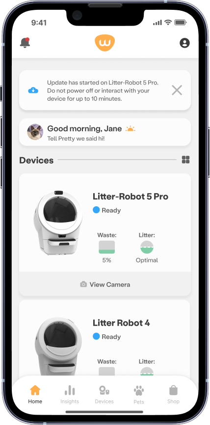 In-app screen with firmware updating banner on Home screen