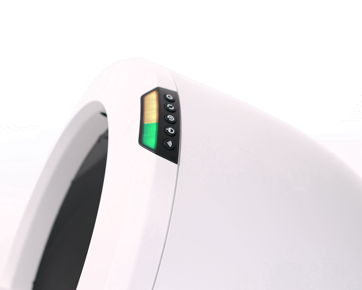 Litter-Robot 4 control panel illuminated with three yellow lights and two flashing green lights